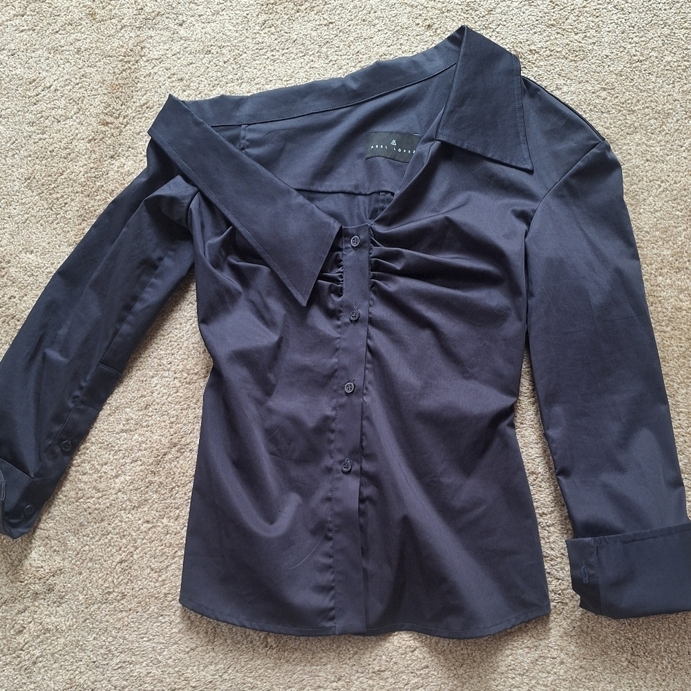 Abel Lopez Asymmetrical Collar Button Down Top Navy Womens Size S